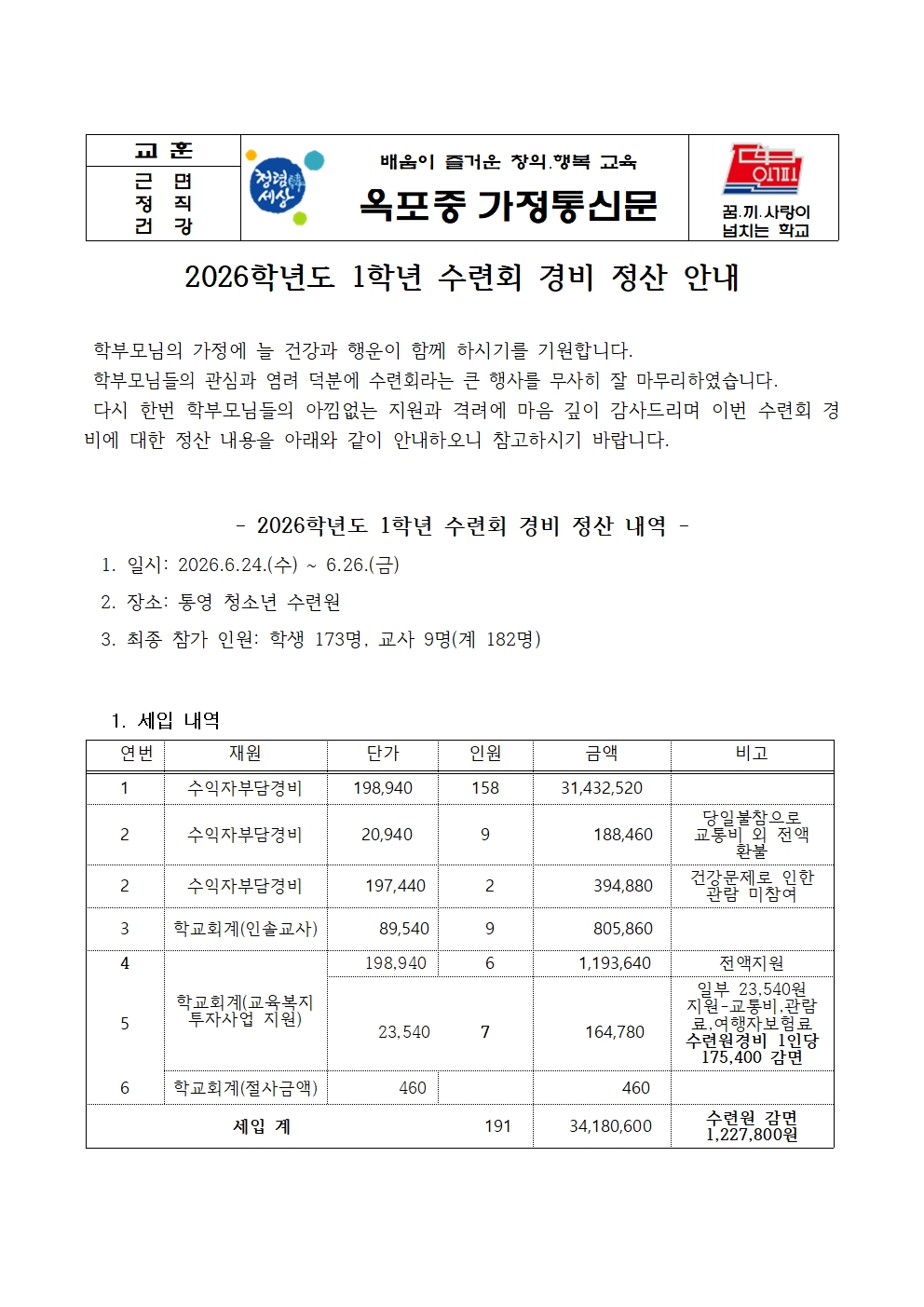 2026학년도 1학년 수련회 경비 정산 안내 가정통신문001.jpg